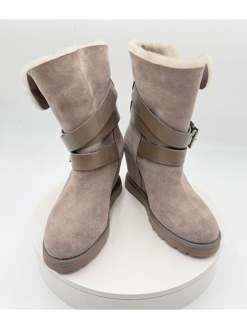 ASH Yes Taupe Suede Shearling Hidden Wedge Buckle Strap Mid Calf Boots 7.5
